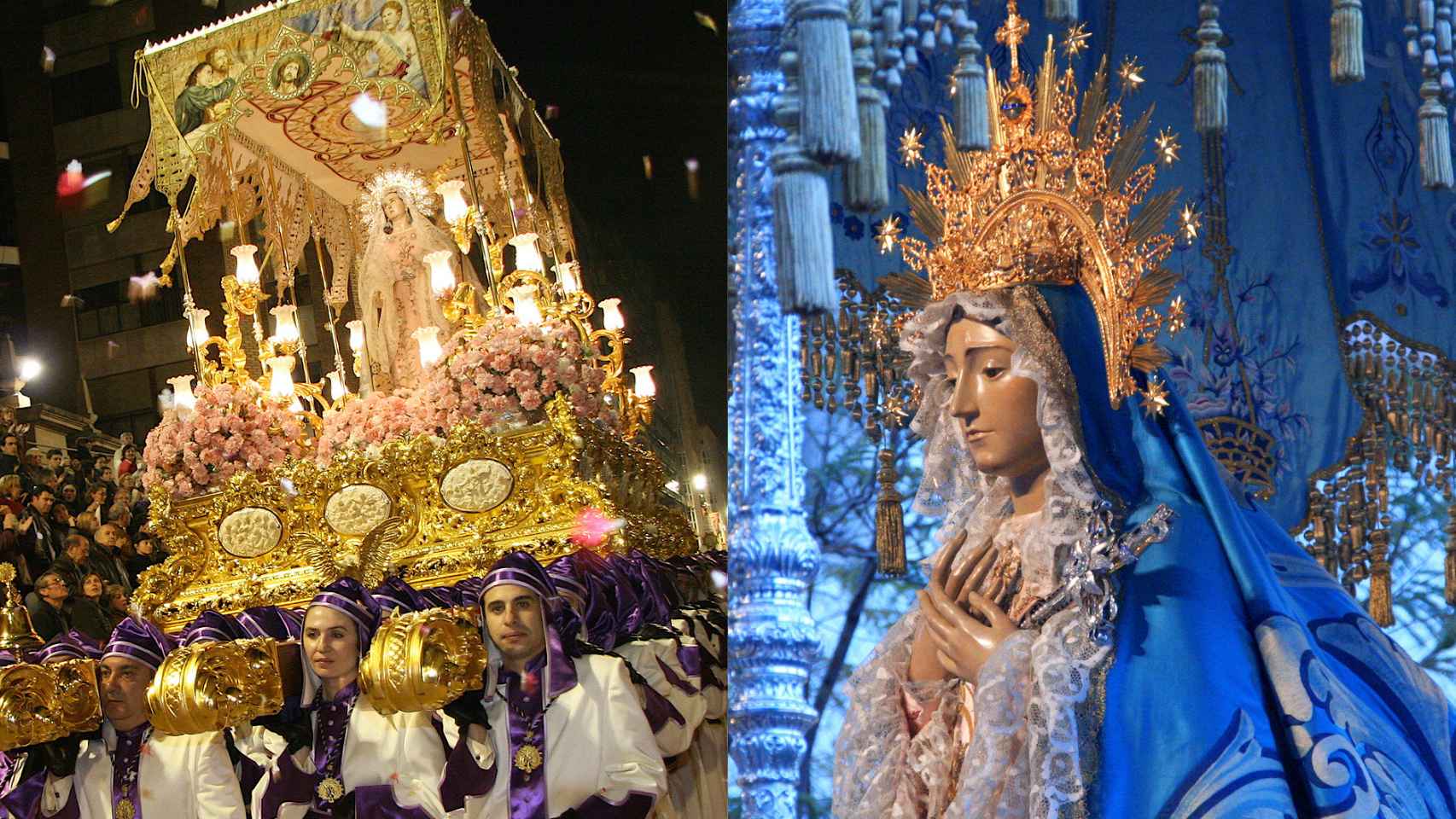 Semana Santa de Lorca. Virgen de la Amargura (Paso Blanco) y Virgen de los Dolores (Paso Azul).