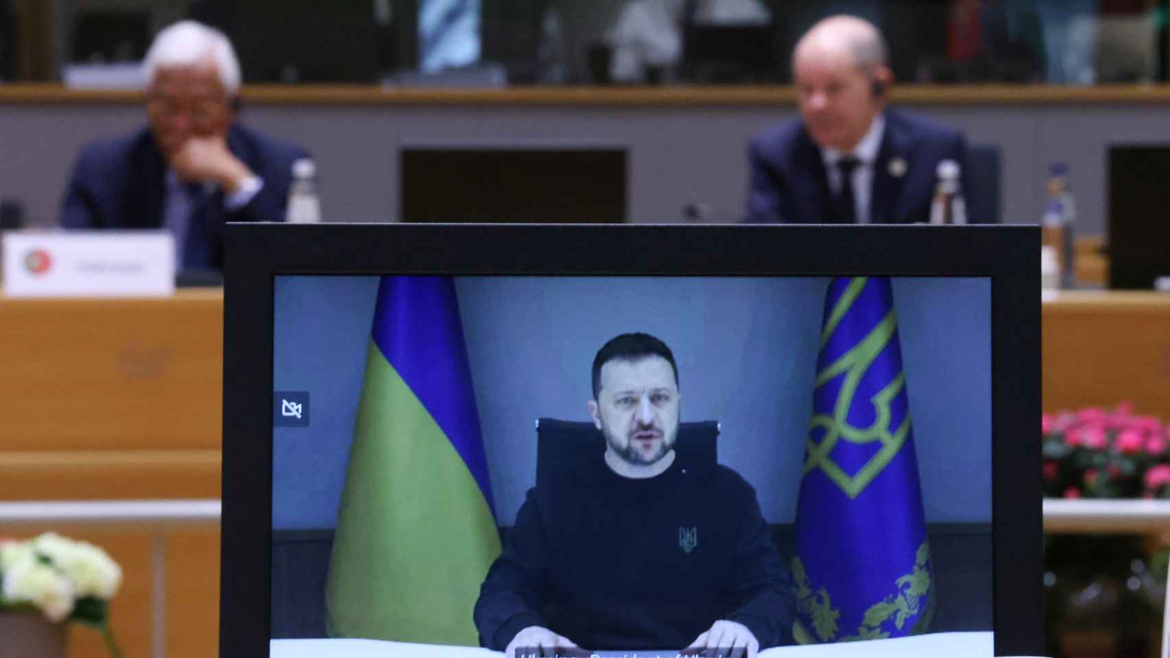 El presidente de Ucrania, Volodímir Zelenski, durante su intervención ante el Consejo Europeo de este jueves