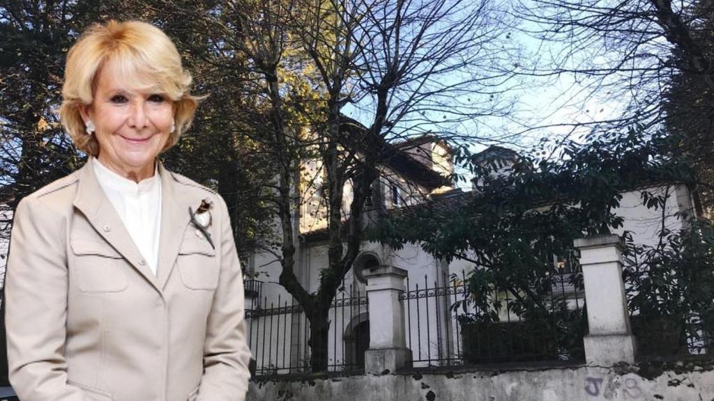 Esperanza Aguirre junto al palacete asturiano de su suegra, en un montaje de JALEOS.