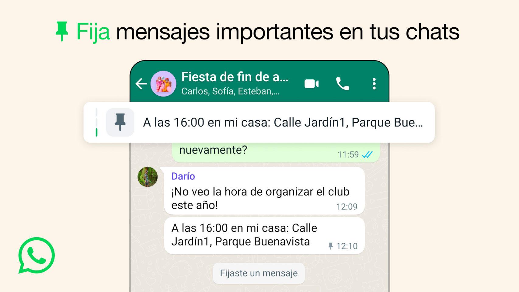 Mensaje fijado en un grupo de WhatsApp