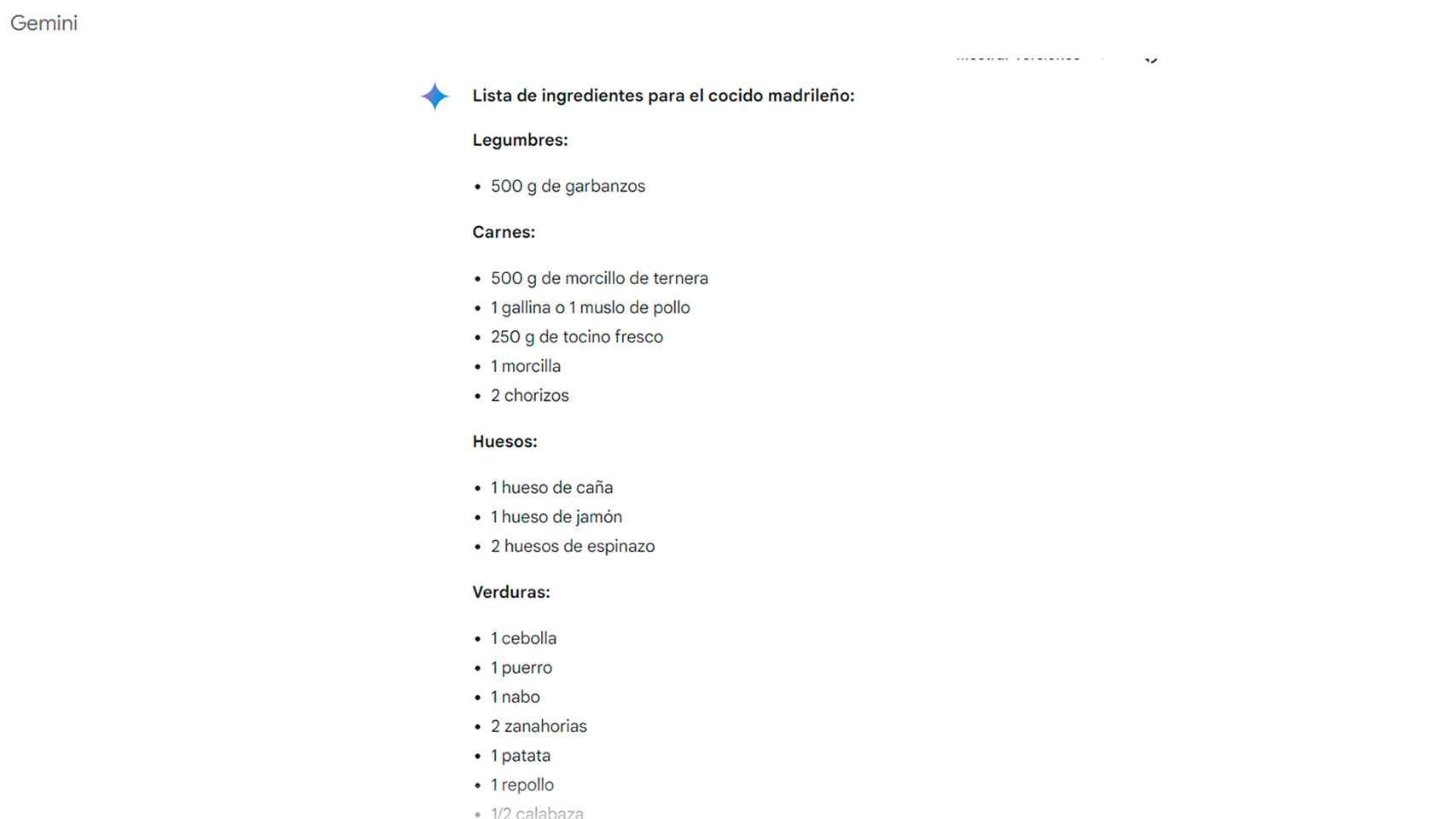 Imagen de una lista de ingredientes para el cocido madrileño que podría usarse en lo nuevo de Keep