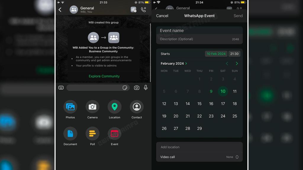 Imagen de la creación de eventos en las comunidades de WhatsApp