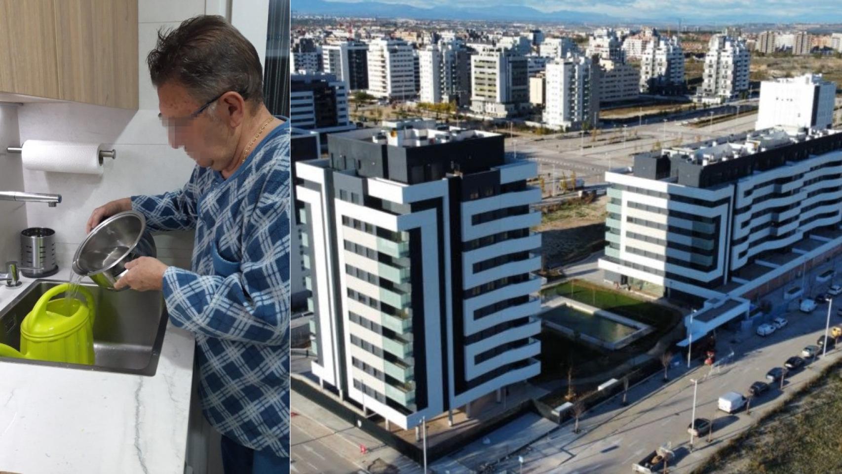 A la izquierda, uno de los vecinos de Miraveral con la regadera que utiliza como ducha. A la derecha, una imagen aérea de los bloques de El Cañaveral afectados.