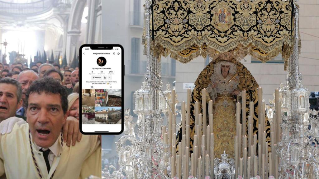 Un montaje con imágenes de Banderas y de la Virgen de Lágrimas y Favores.