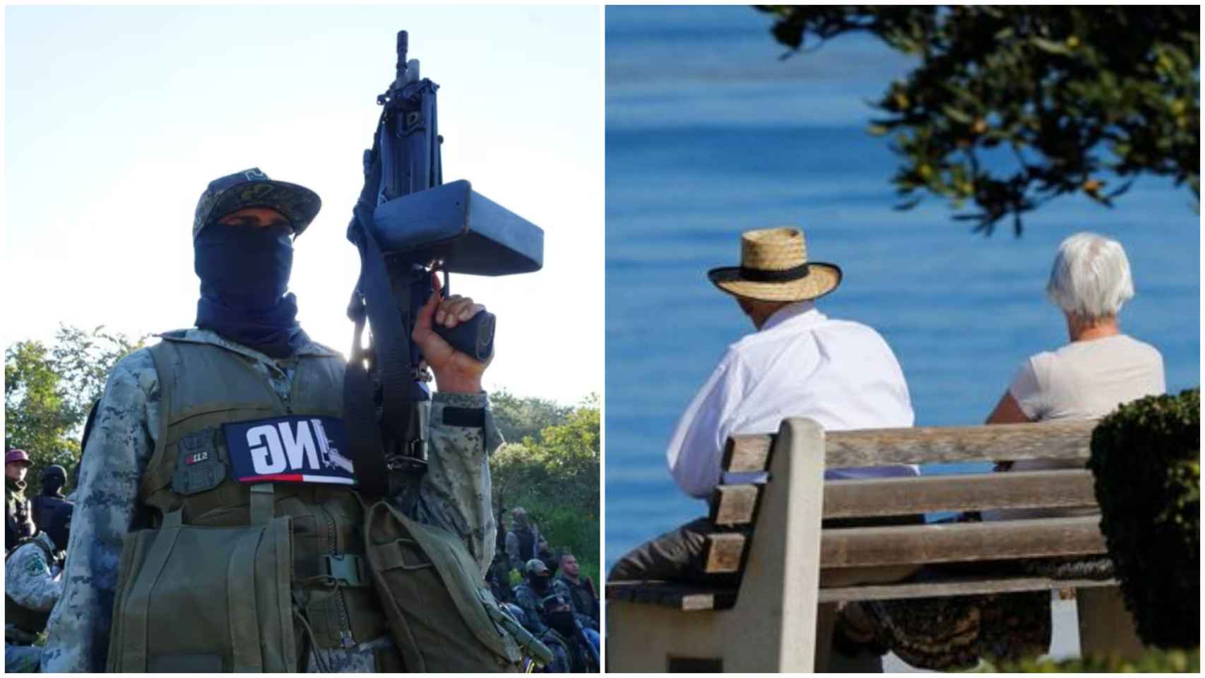 Un miliciano del Cártel Jalisco Nueva Generación y una pareja de ancianos sentados en un banco frente al mar.