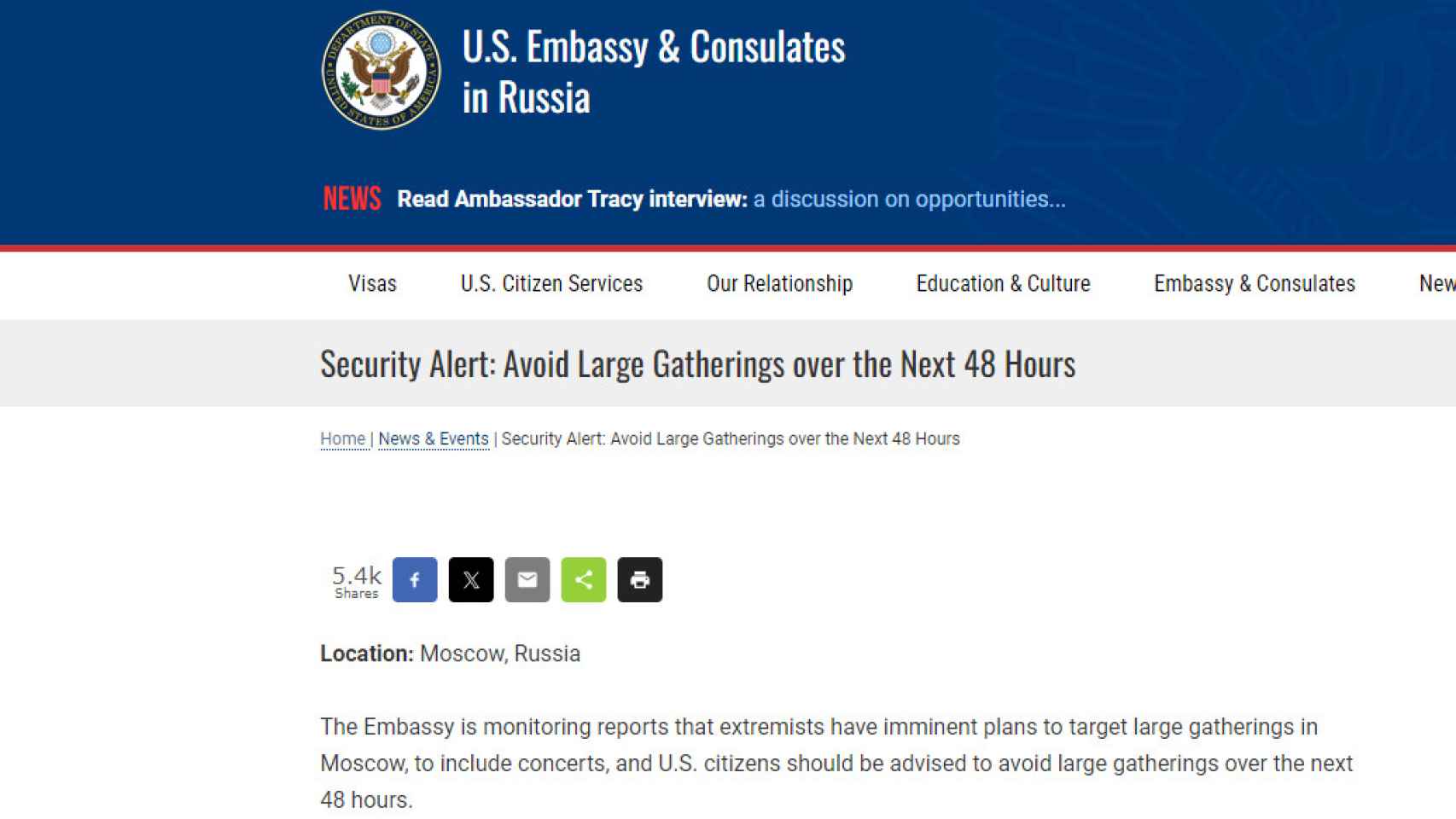 Mensaje emitido por la embajada de EEUU en Moscú el 7 de marzo en su página web.