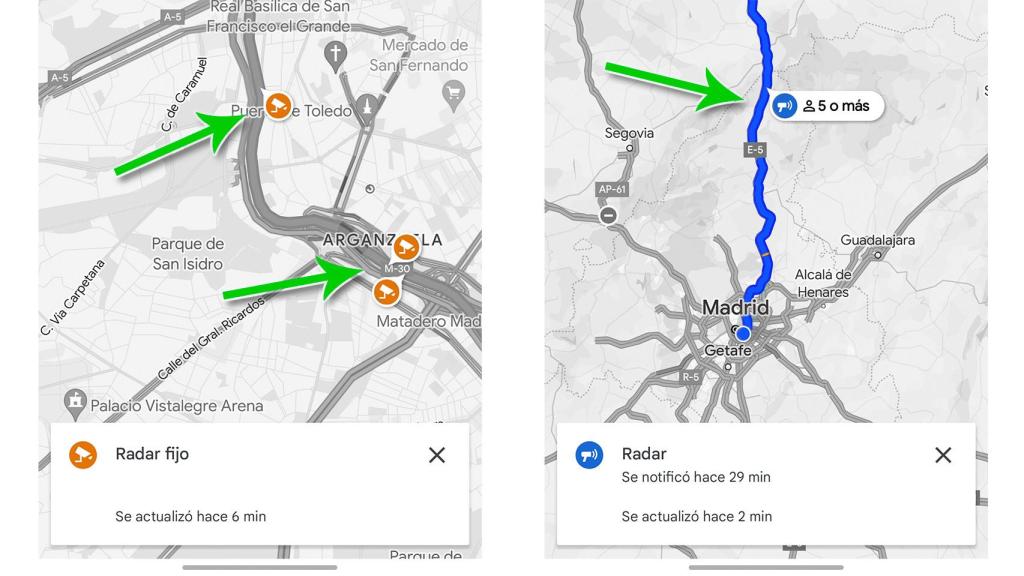 Imagen que muestra los dos tipos de radares en Google Maps
