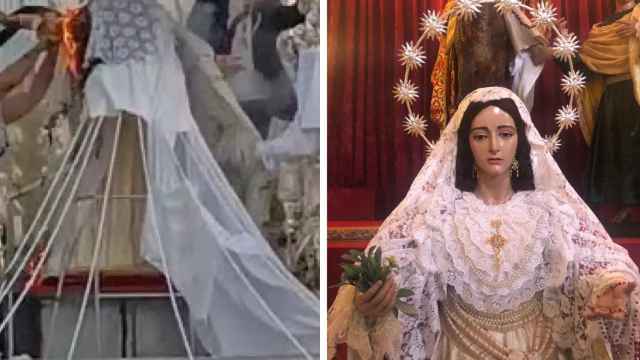 Una imagen del accidente y la Virgen del Rocío tras su restauración.