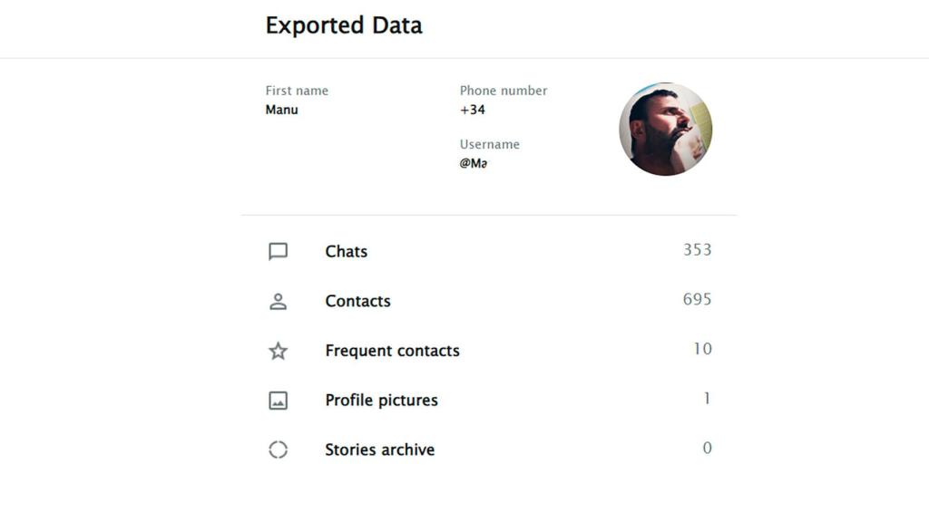 Imagen con los datos exportados una vez hecha la copia de seguridad de Telegram