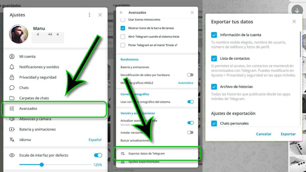 Ruta para acceder a la herramienta de exportación de datos de Telegram