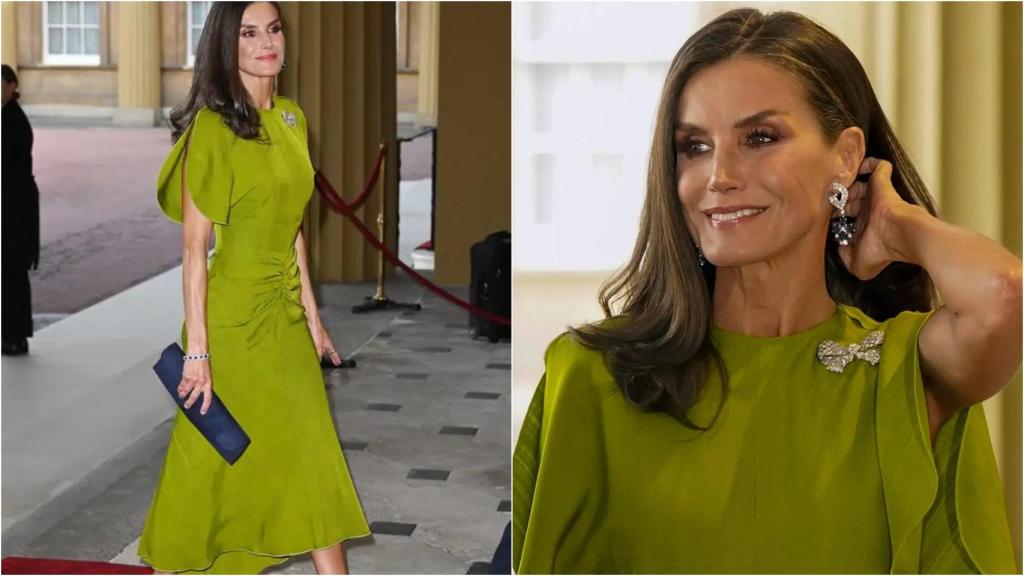 La reina Letizia con el elegante vestido verde pistacho midi de Victoria Beckham en Londres.