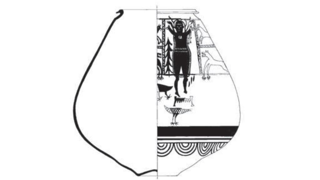 Reconstrucción de la urna ovoide de La Diosa de los Lobos, de las Cuevas de la Nariz.