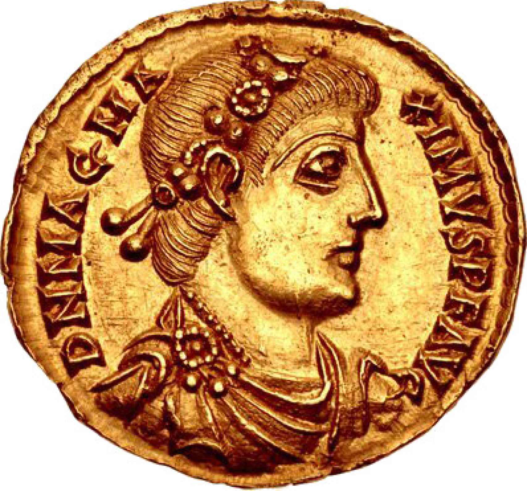 Moneda de oro acuñada por el usurpador Magno Máximo