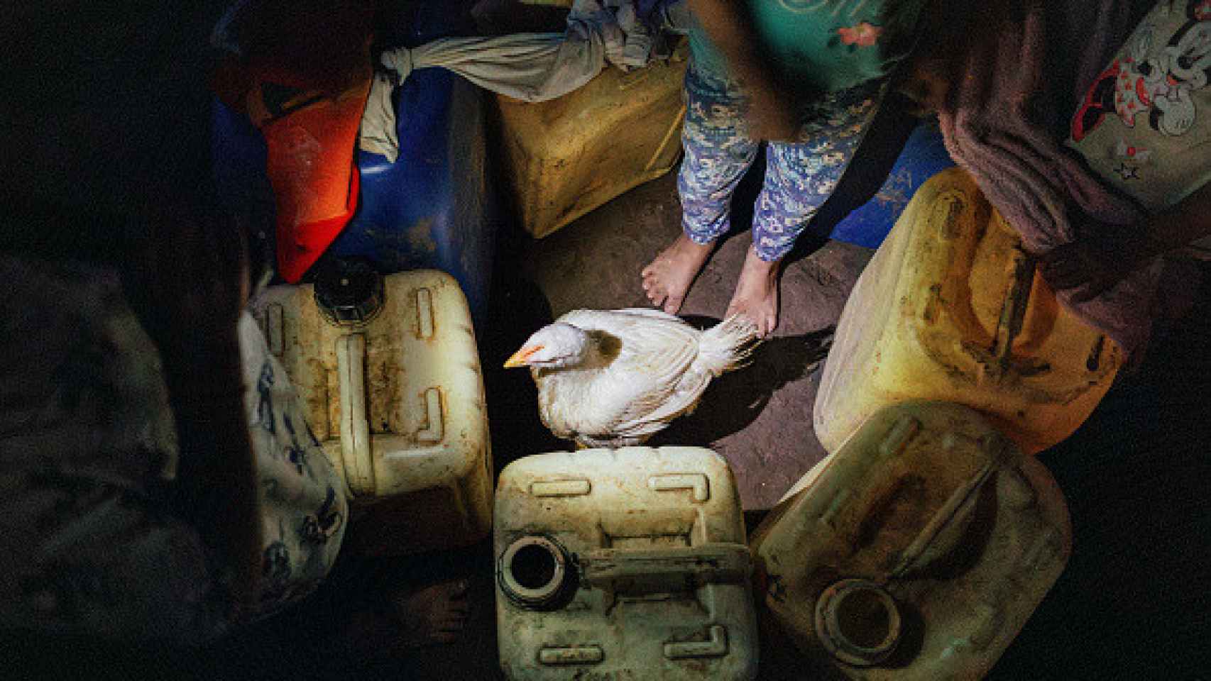 Una niña juega con su gallina y bidones de gasolina dentro de su casa en Wichimi.