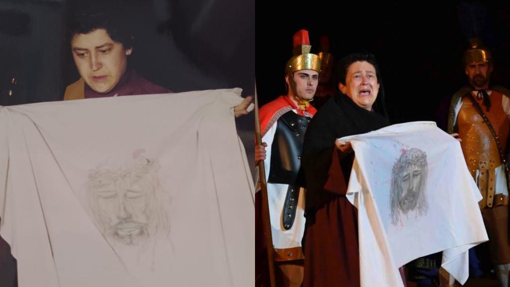 Maribel Zamorano, la Verónica, en la Pasión de 1990 (izda.) y en la de hace dos años (dcha).