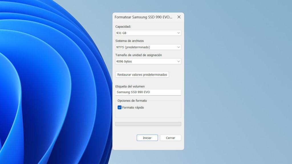 El menú para formatear discos en Windows 11