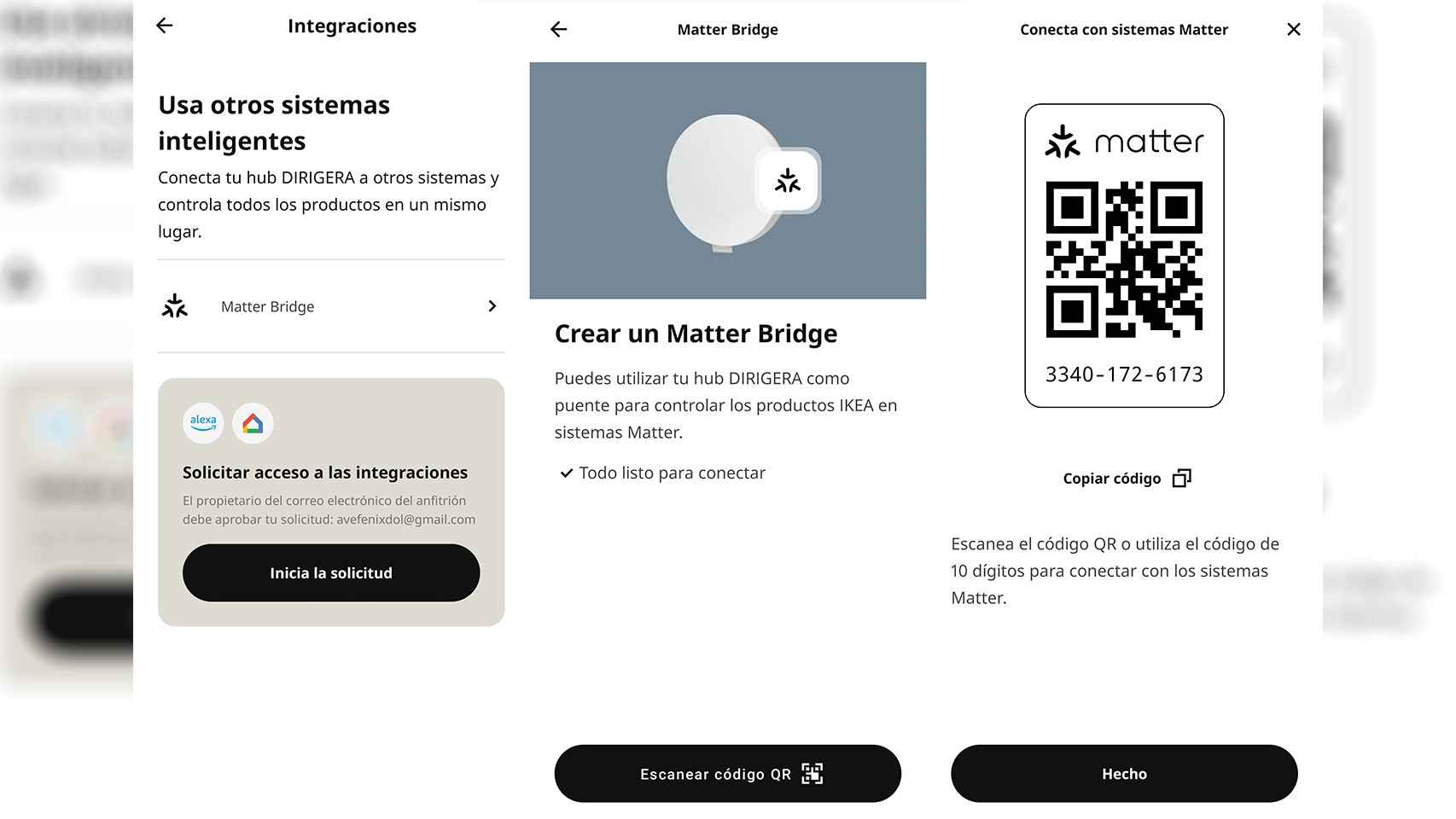 Imagen de los pasos a seguir para activar Matter Bridge en la app de IKEA