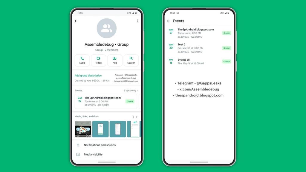 La página del grupo de WhatsApp con la lista de eventos programados