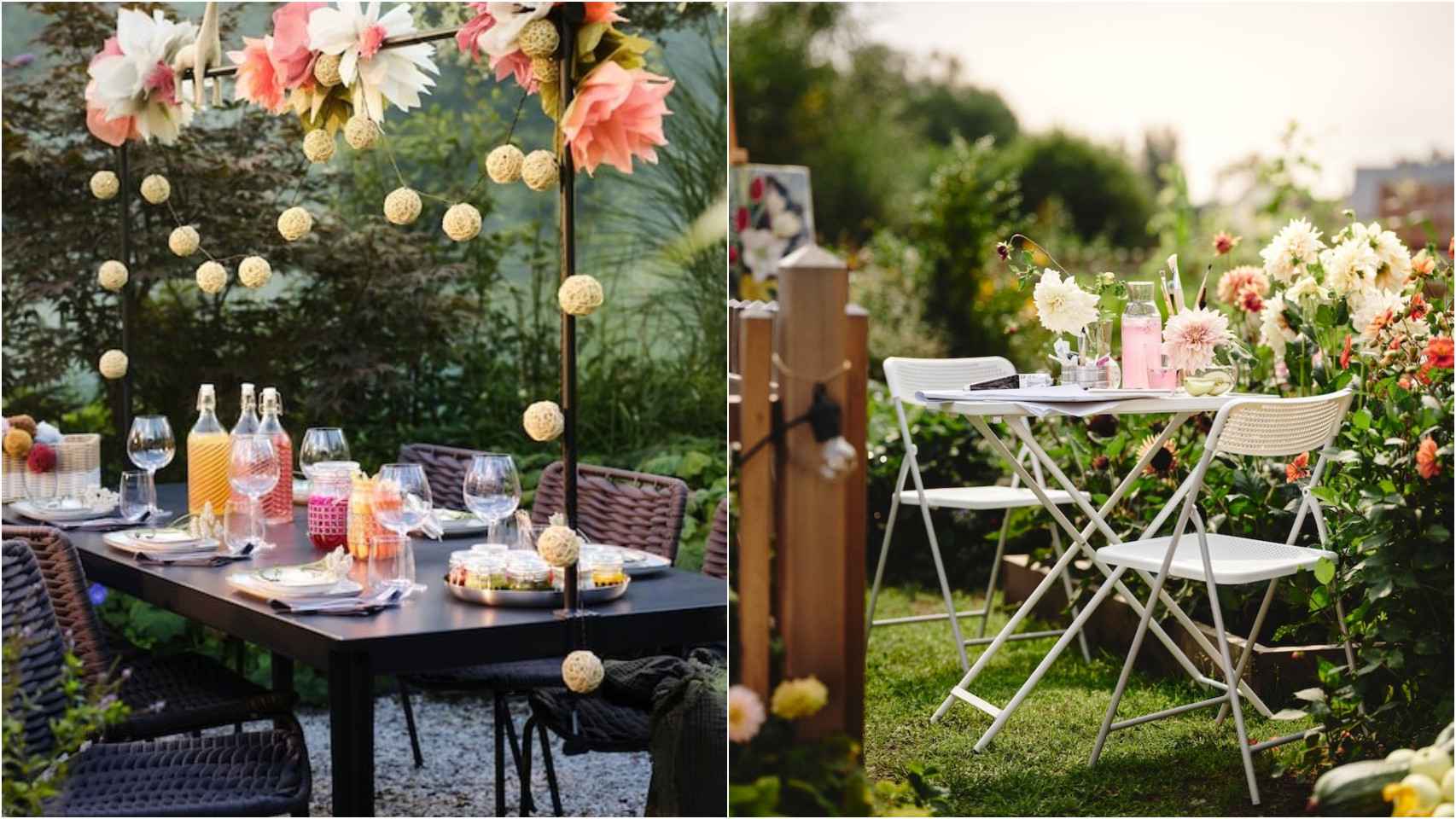 Imagen de un jardín decorado con mesas de Ikea.