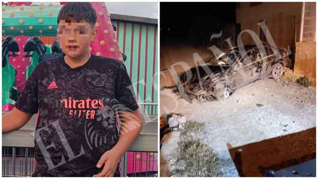 El menor, de 15 años, fallecido en el siniestro vial de Alquerías, junto a una imagen del Mercedes C-250 que conducía su amigo con solo 14 años.