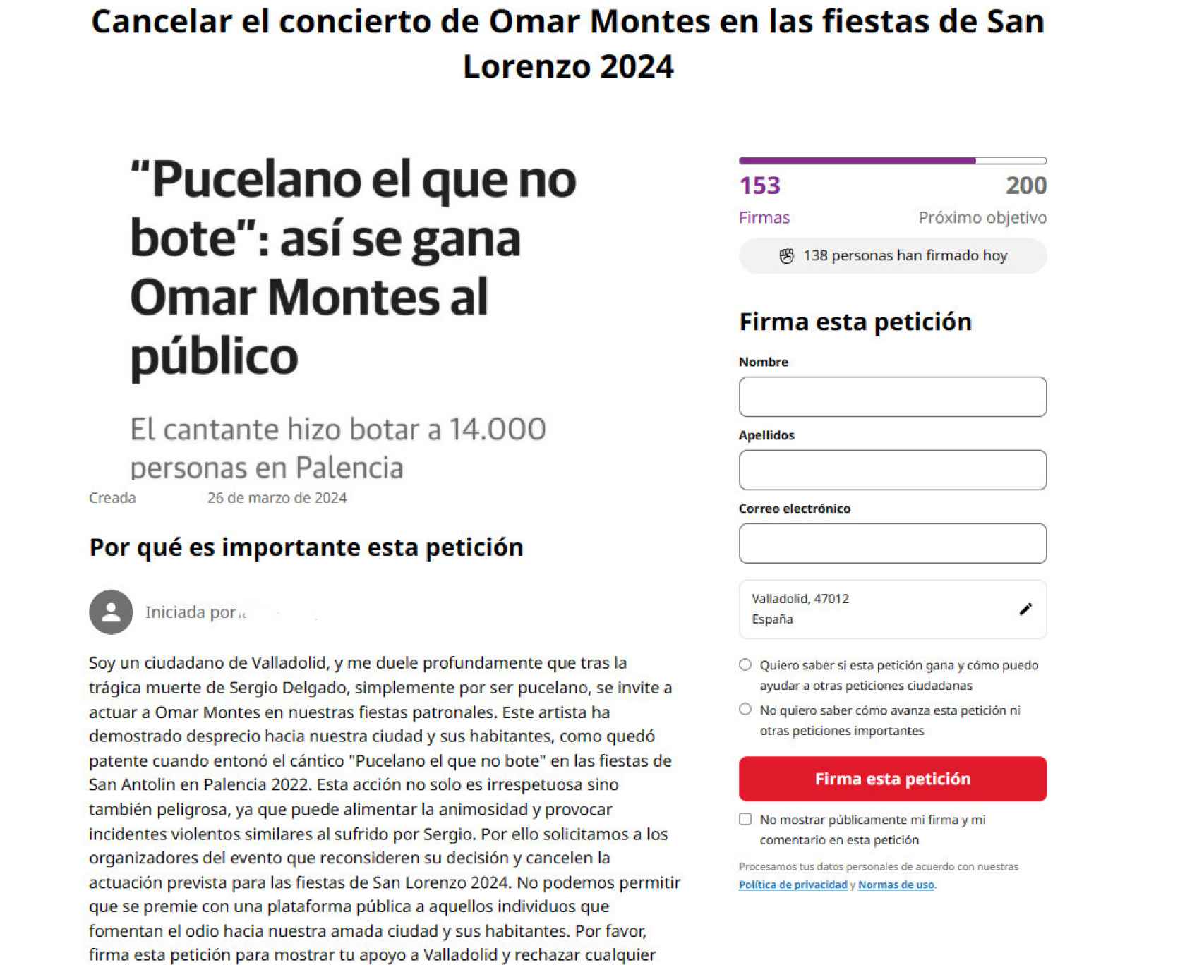 Petición contra el concierto de Omar Montes en Valladolid