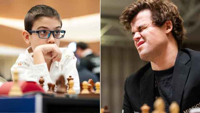 Faustino Oro (izquierda) y Magnus Carlsen (derecha).