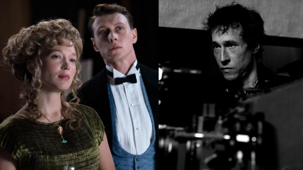 Léa Seydoux y George MacKay en 'The Beast (La bestia)'. A la derecha, su director, Bertrand Bonello. Foto: Carole Bethuel