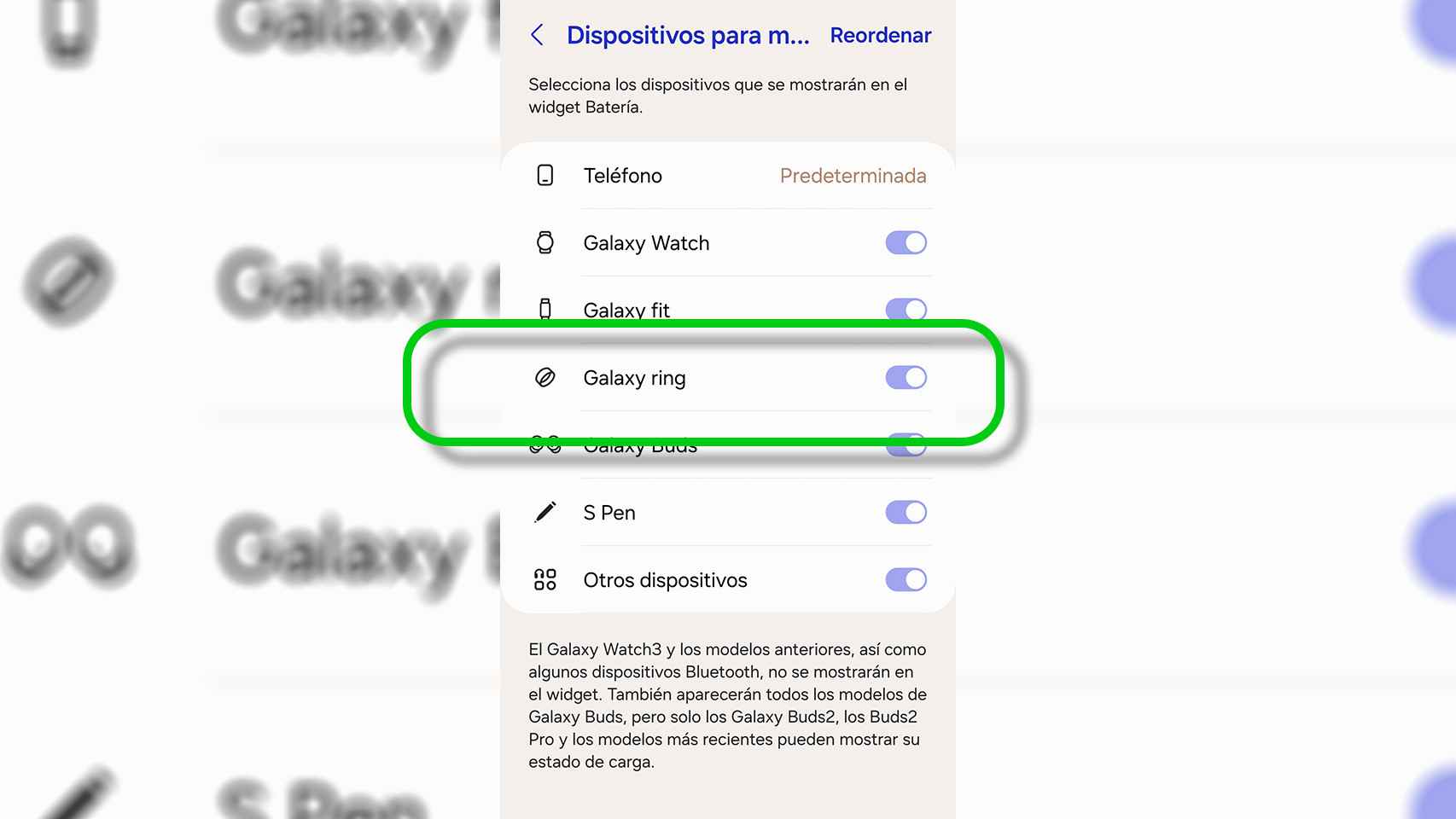Así aparece el Galaxy Ring en el widget de batería de Samsung