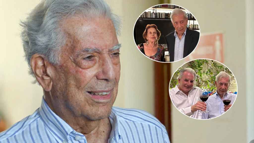 Mario Vargas Llosa y dos instantáneas de la celebración de su cumpleaños, en un fotomontaje de 'El Español'.