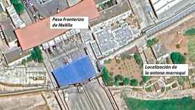Vista aérea del lugar donde se ha colocado la antena, muy cerca del paso fronterizo de Melilla.