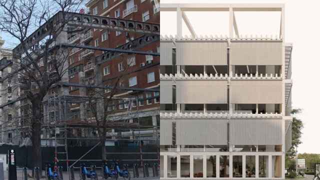 Lo que queda de la sede del Banco Madrid y el render del nuevo proyecto.