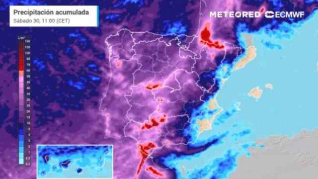 El mapa de España con la precipitación acumulada del sábado.