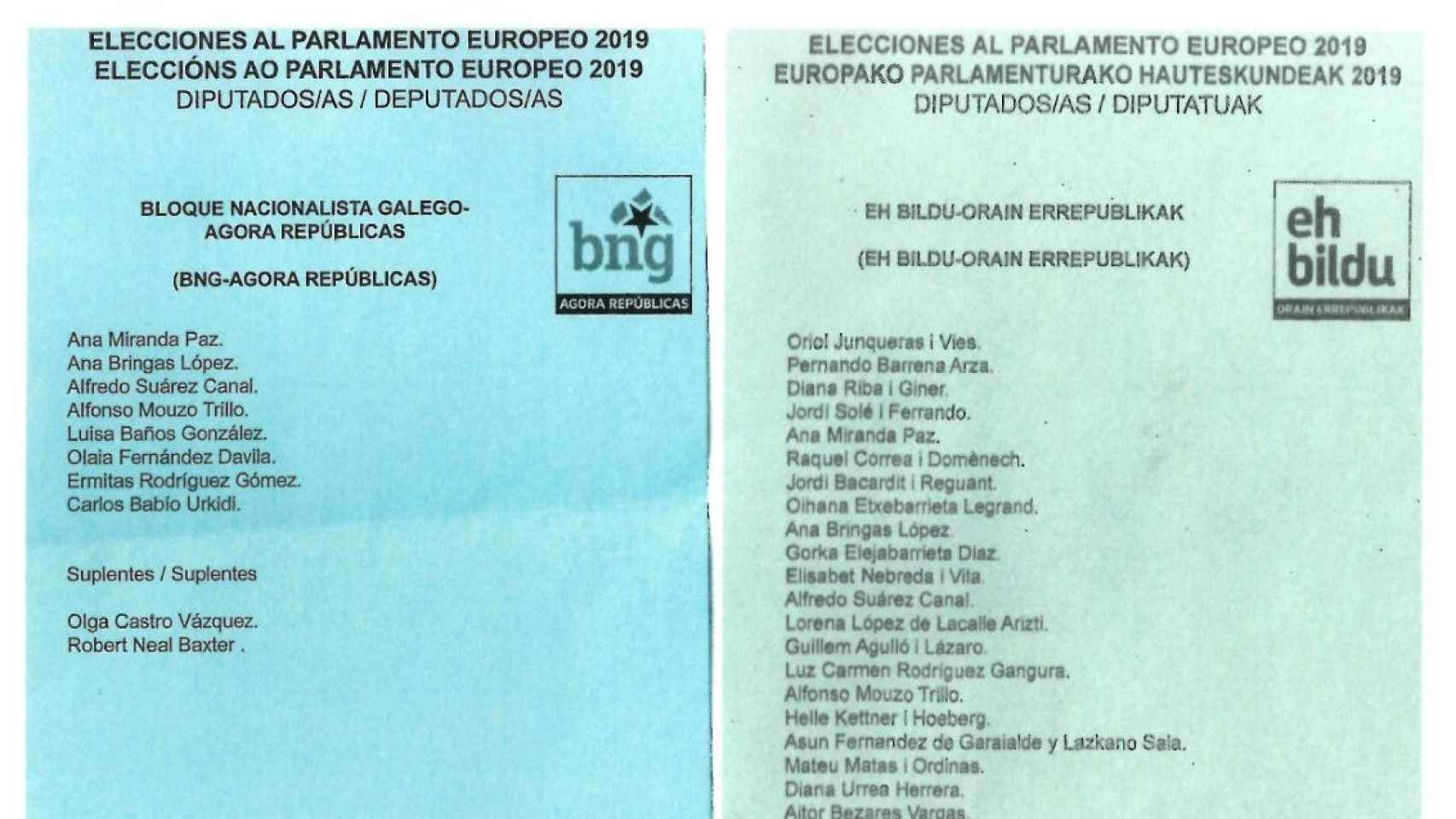 Listas de BNG y Bildu en 2019, aliadas a ERC en la coalición 'Ahora Repúblicas'.