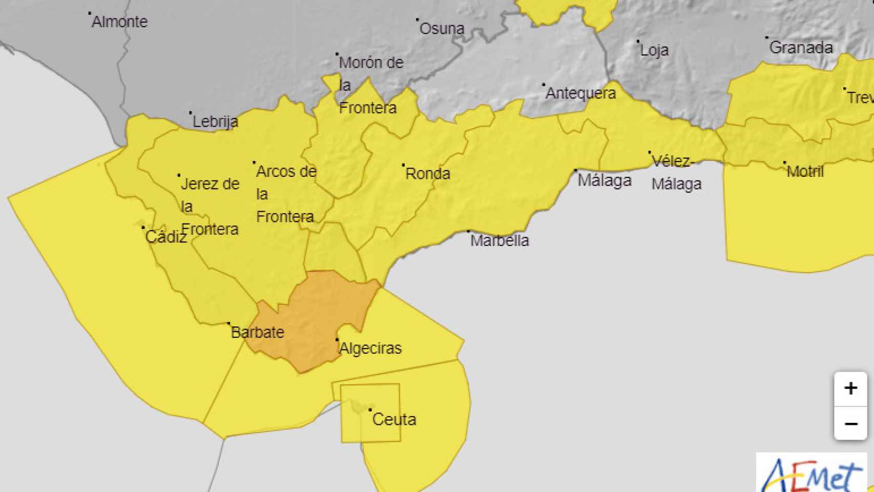 Mapa de la Aemet con los avisos en Málaga para este domingo.