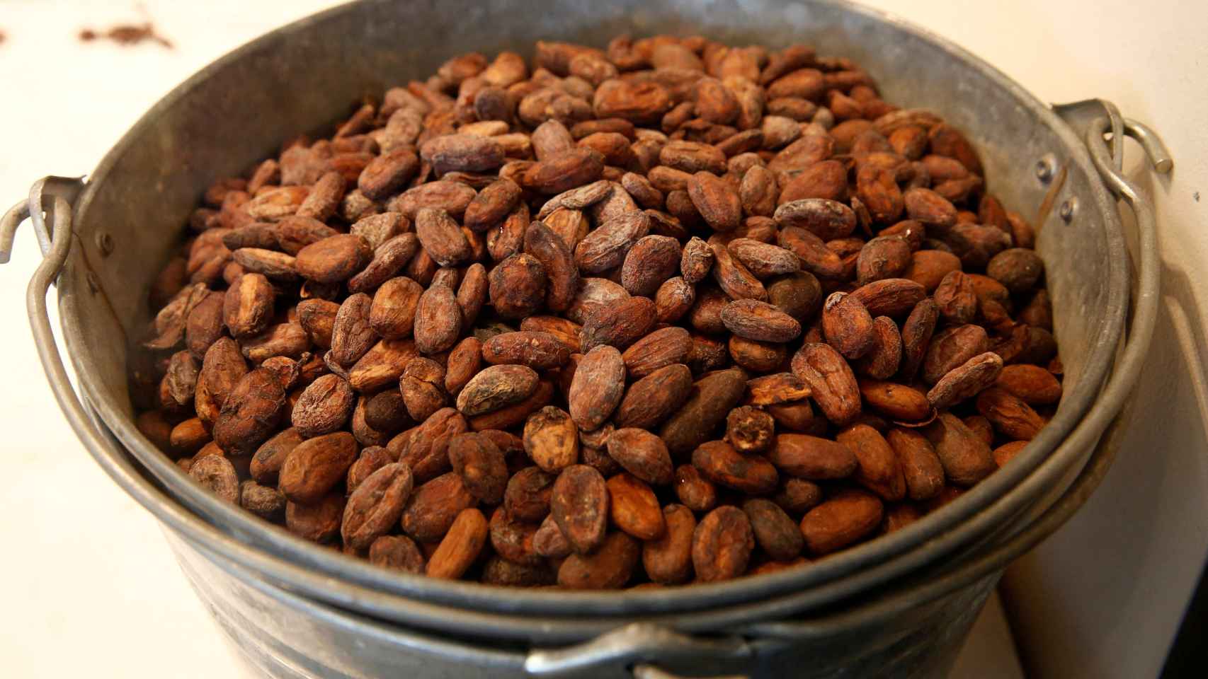Imagen de archivo de un bol con granos de cacao.