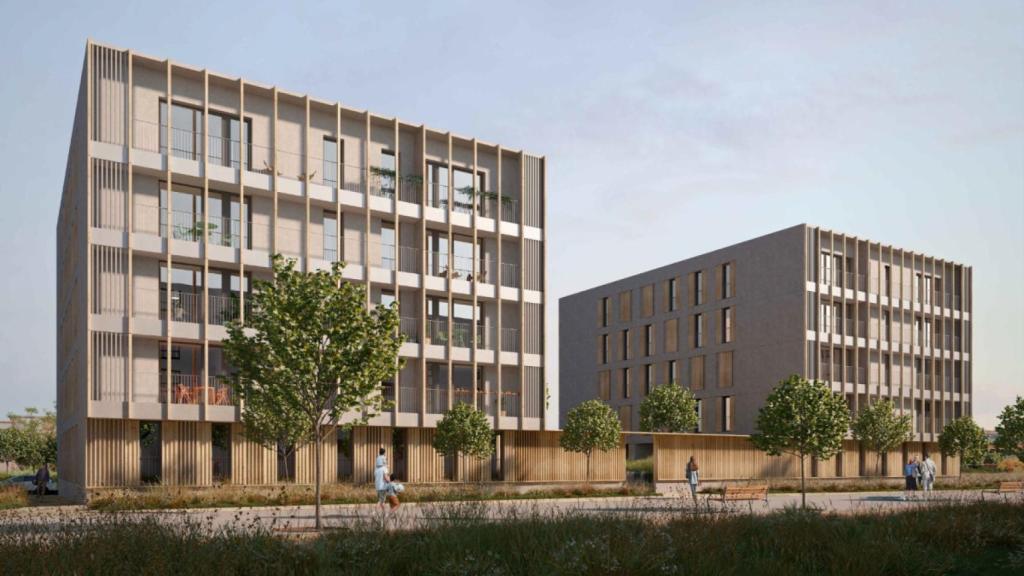 Proyección virtual de Iberia Loreto 1, la primera promoción de vivienda pública en Madrid hecha íntegramente en madera.