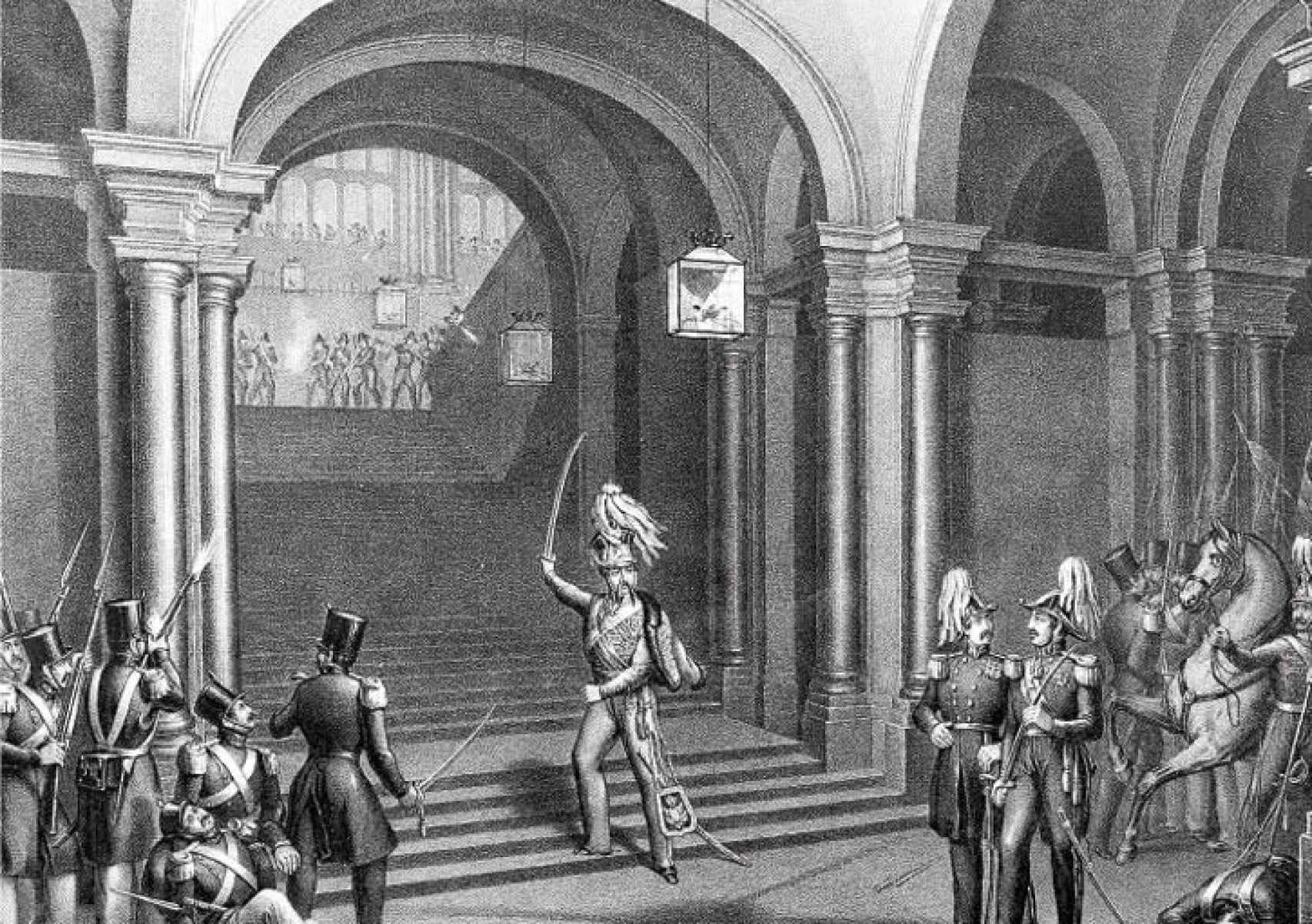 Grabado que muestra el asalto al Palacio Real por Diego León en 1841