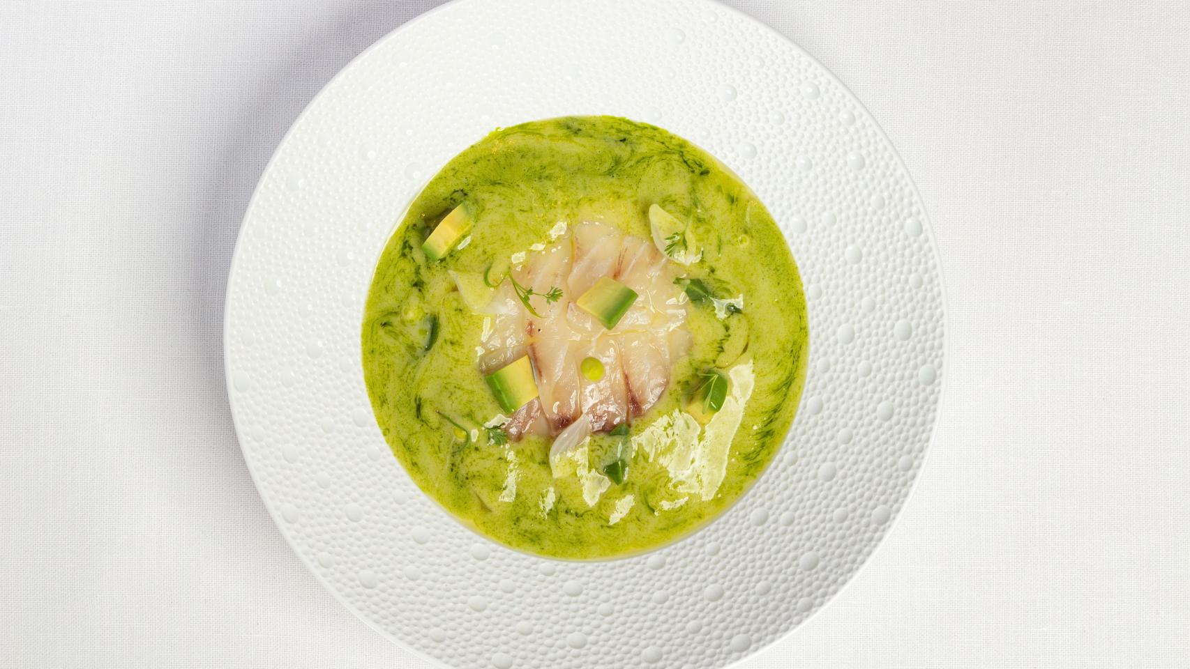 Gazpacho verde de aguacate con lubina.