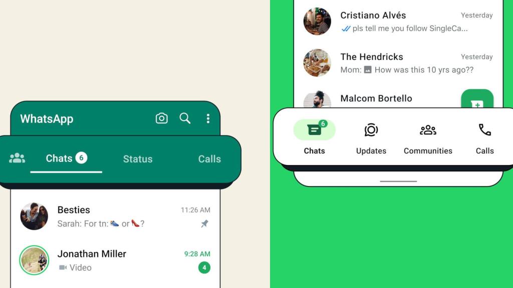 Comparación entre la vieja barra de WhatsApp (izq) y la nueva (der)