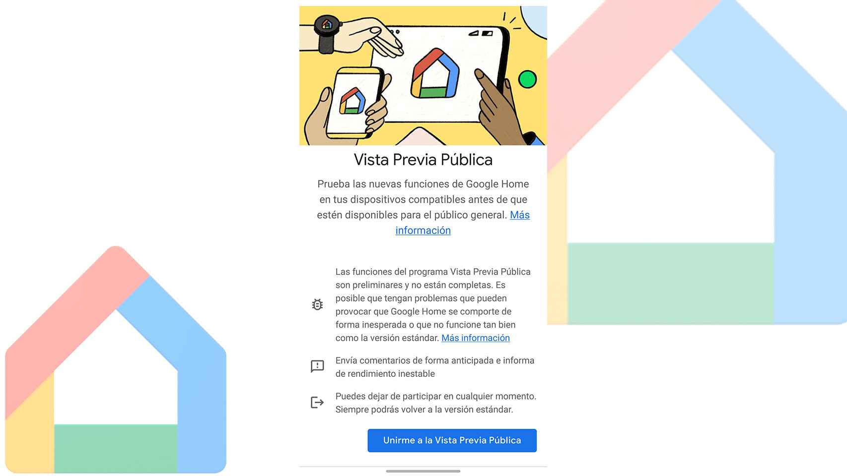 Captura de pantalla para participar en la Vista Previa Pública de Google Home