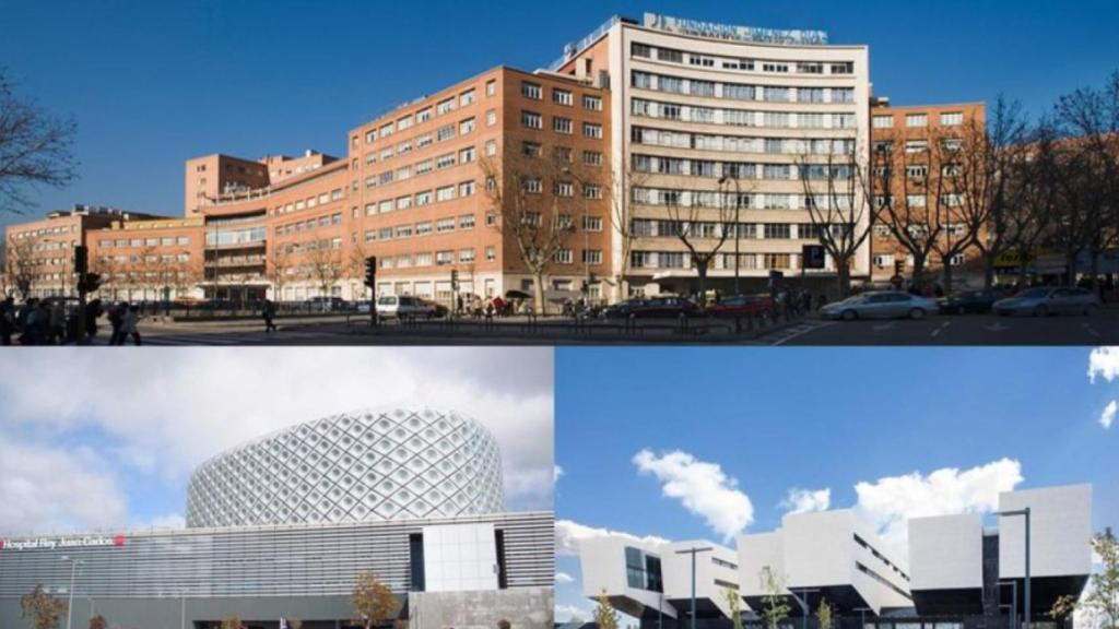 En la imagen, la Fundación Jiménez Díaz (arriba), el Hospital Rey Juan Carlos (abajo a la izquierda) y el Hospital General de Villalba (abajo a la derecha).