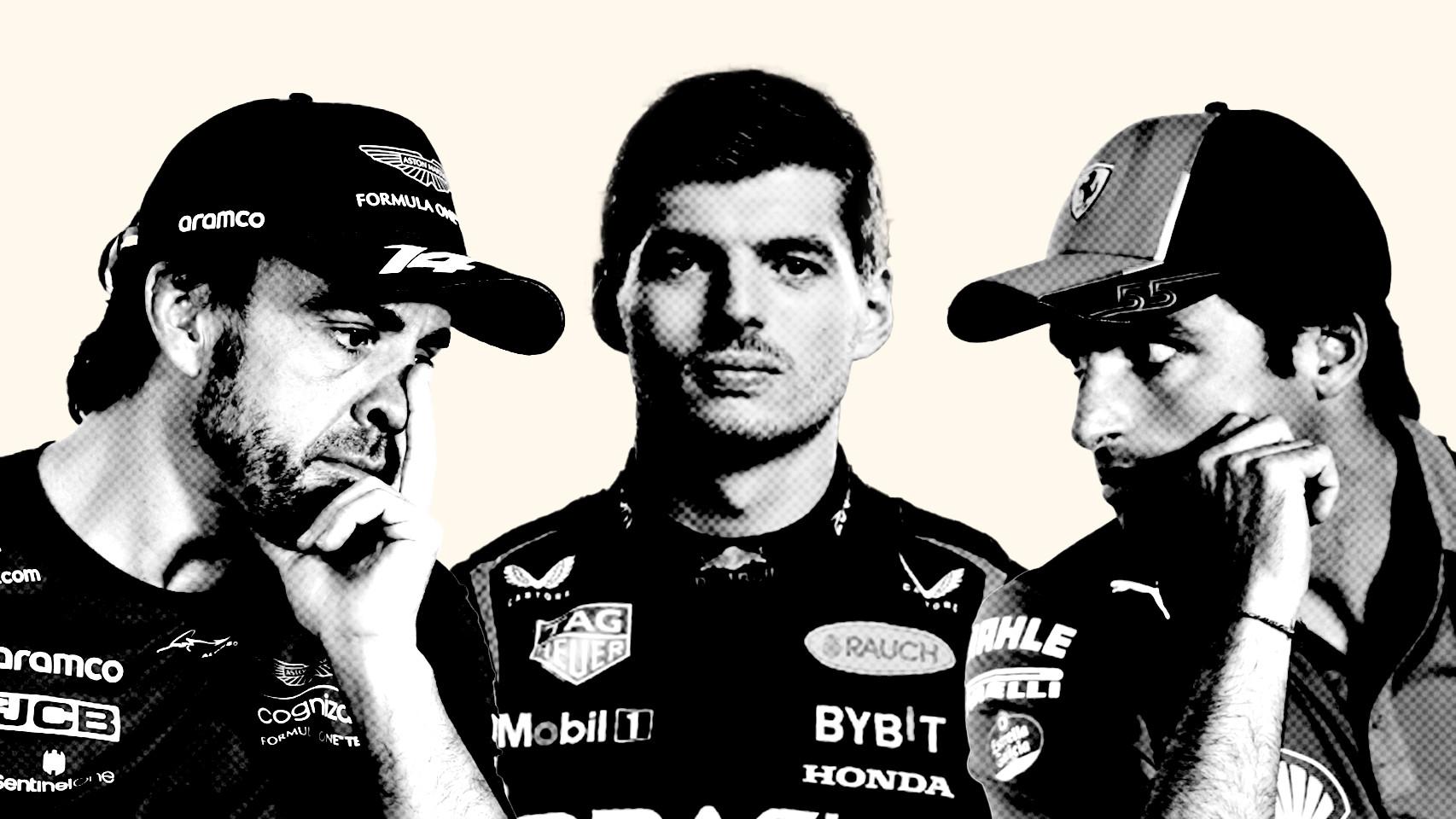 Fernando Alonso, Max Verstappen y Carlos Sainz, en un fotomontaje