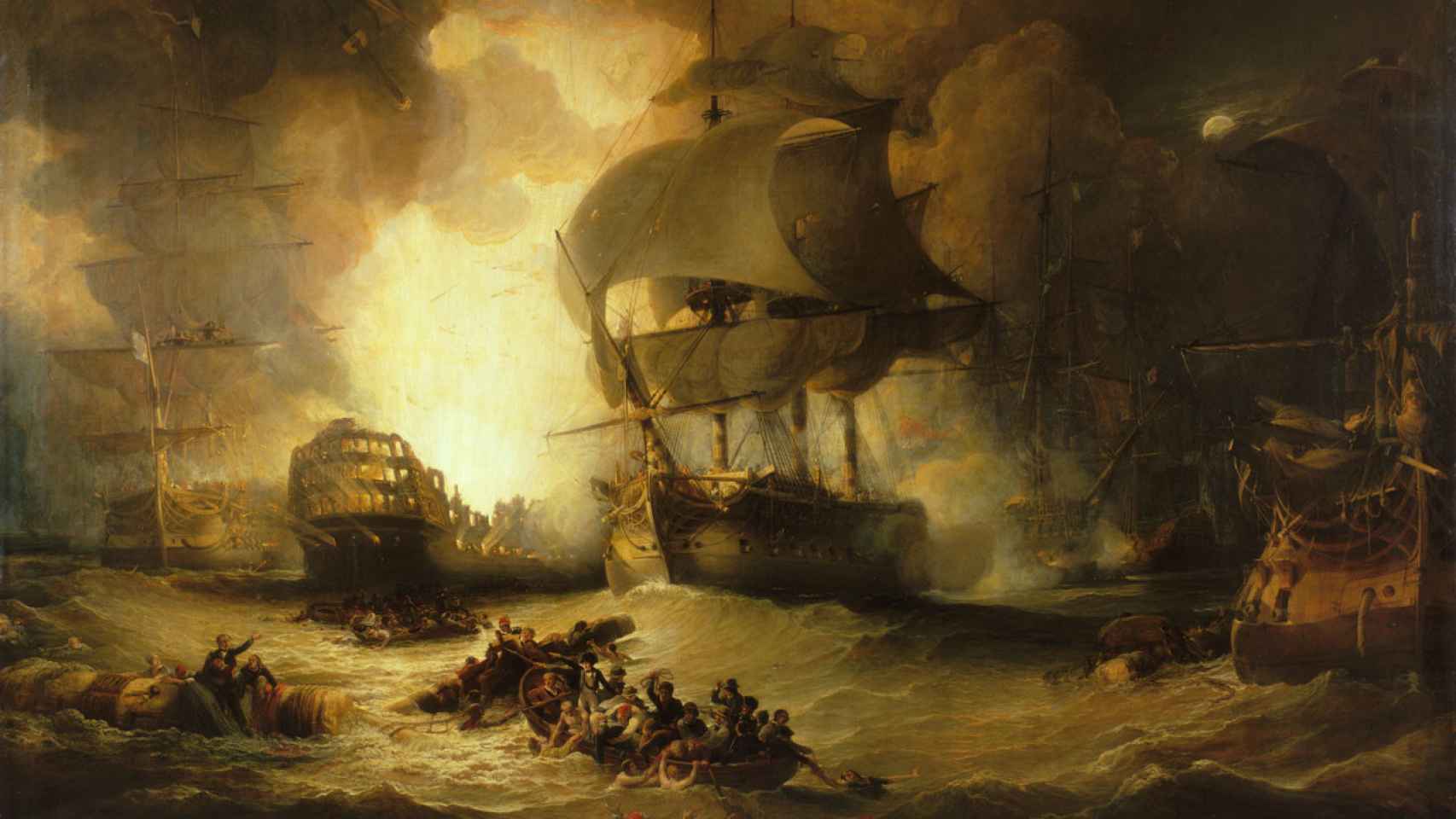 El fin de la flota francesa en la batalla del Nilo de 1798 según el pincel de George Arnald. C. 1825