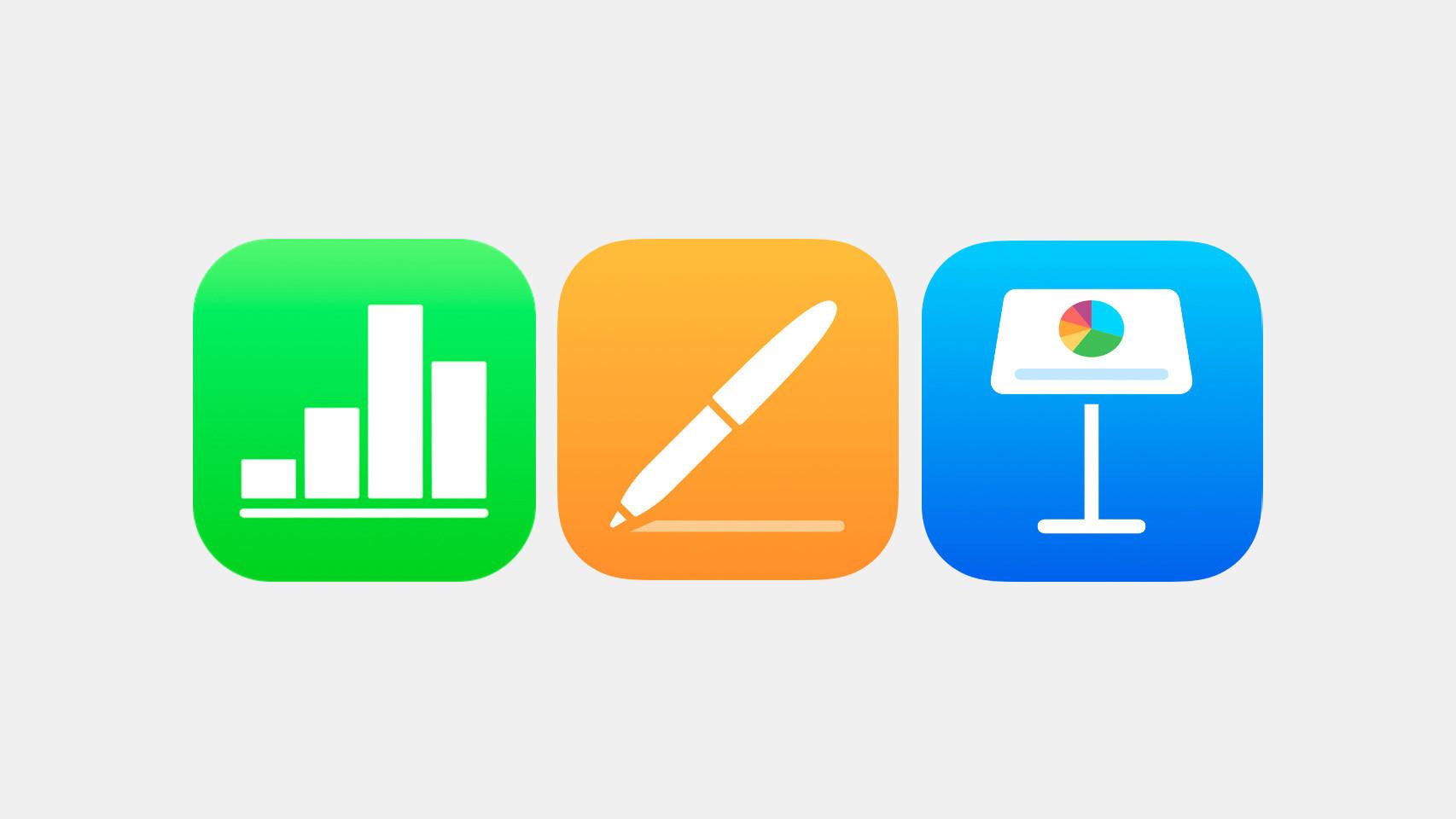 Trío de apps de iWork: Apple Numbers, Apple Pages y Apple Keynotes en un fotomontaje.