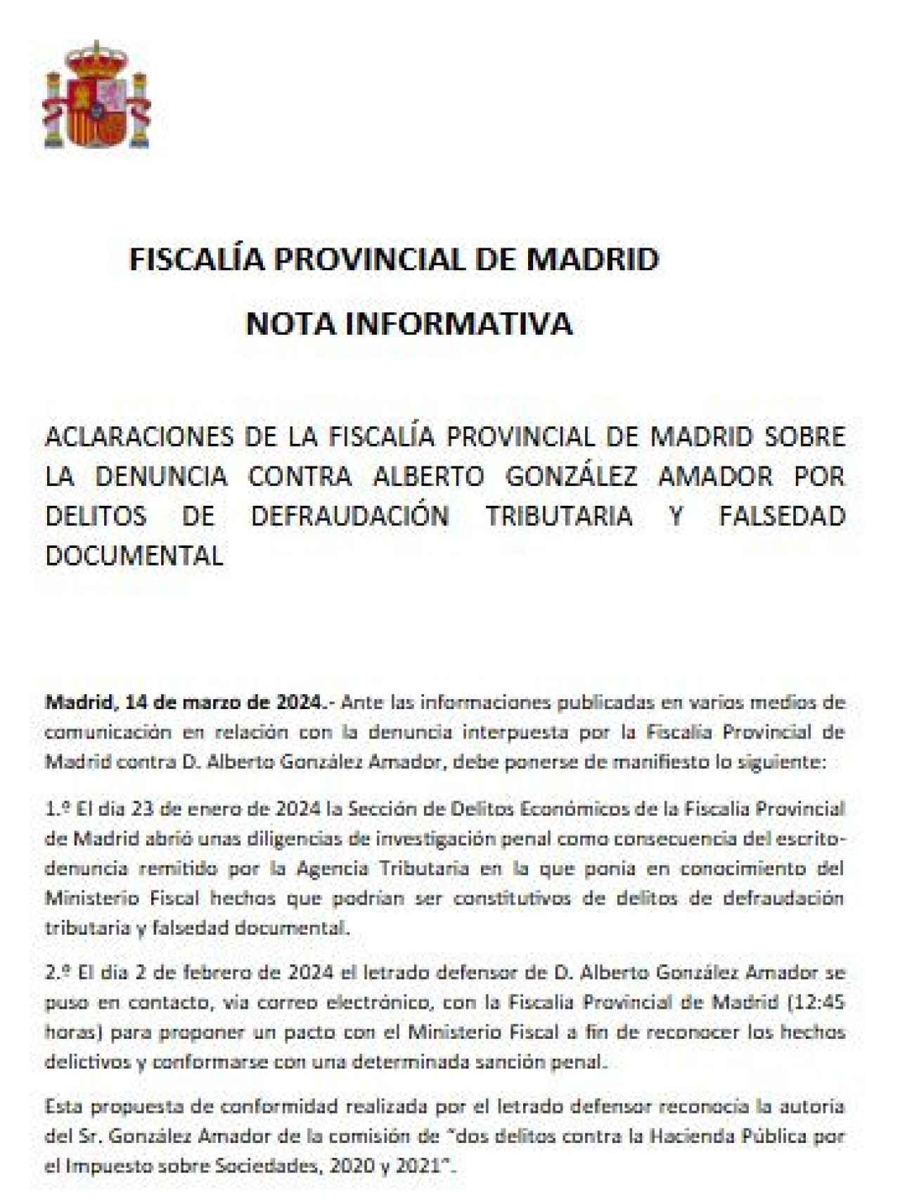 Comienzo de la 'Nota informativa' de la Fiscalía Provincial de Madrid, objeto de la querella de Alberto González Amador./