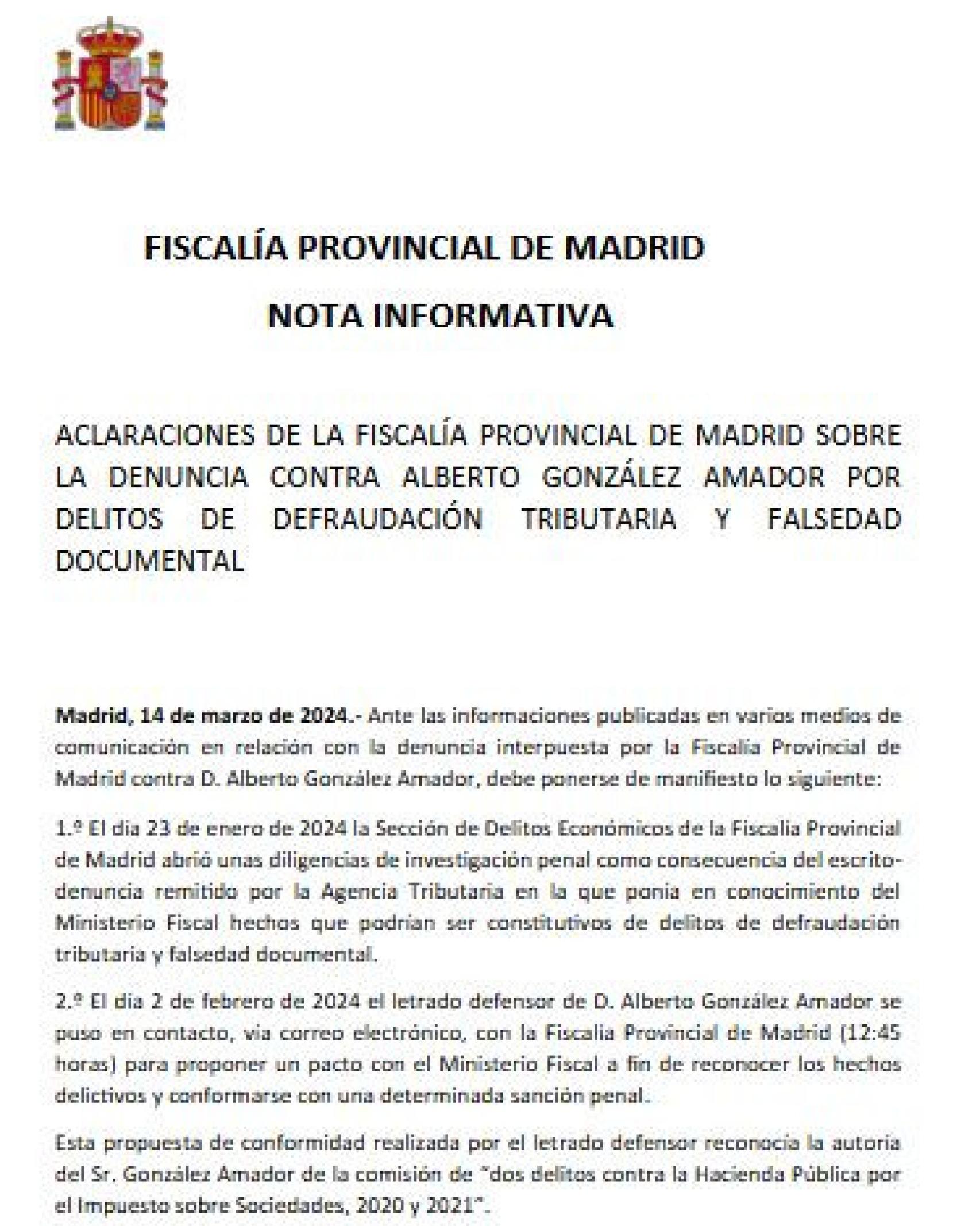 Fragmento de la 'Nota informativa' difundida por la Fiscalía Provincial de Madrid el pasado 14 de marzo, que provocó la querella de Alberto González Amador por revelación de secretos.