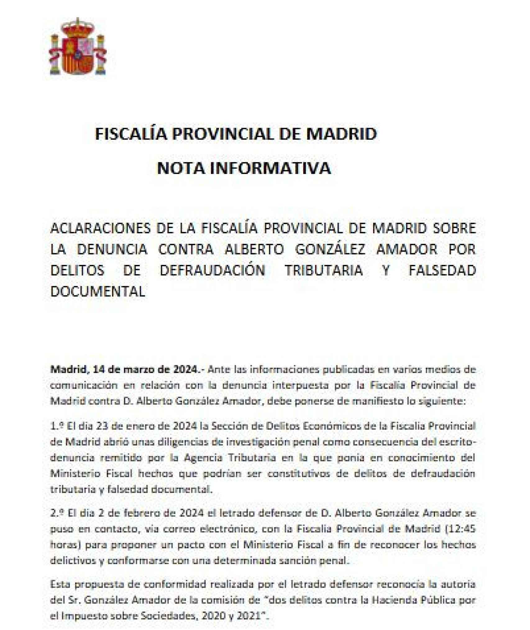 Comienzo de la 'Nota Informativa' difundida por la Fiscalía de Madrid.