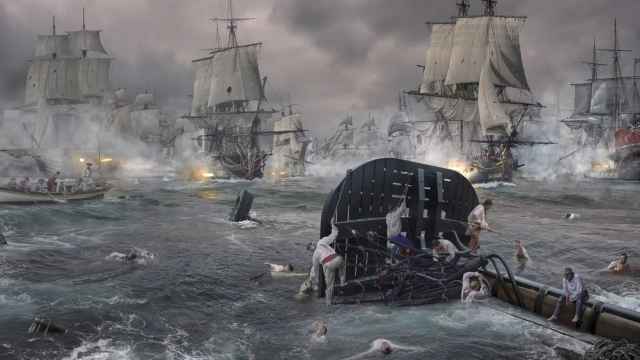 Composición fotográfica de un combate naval con náufragos en primer plano.