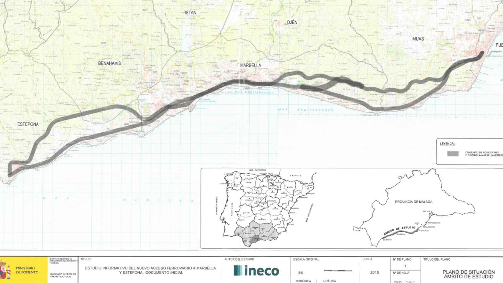 Mapa con las alternativas de trazado del tren a Marbella elaborado por Ineco.