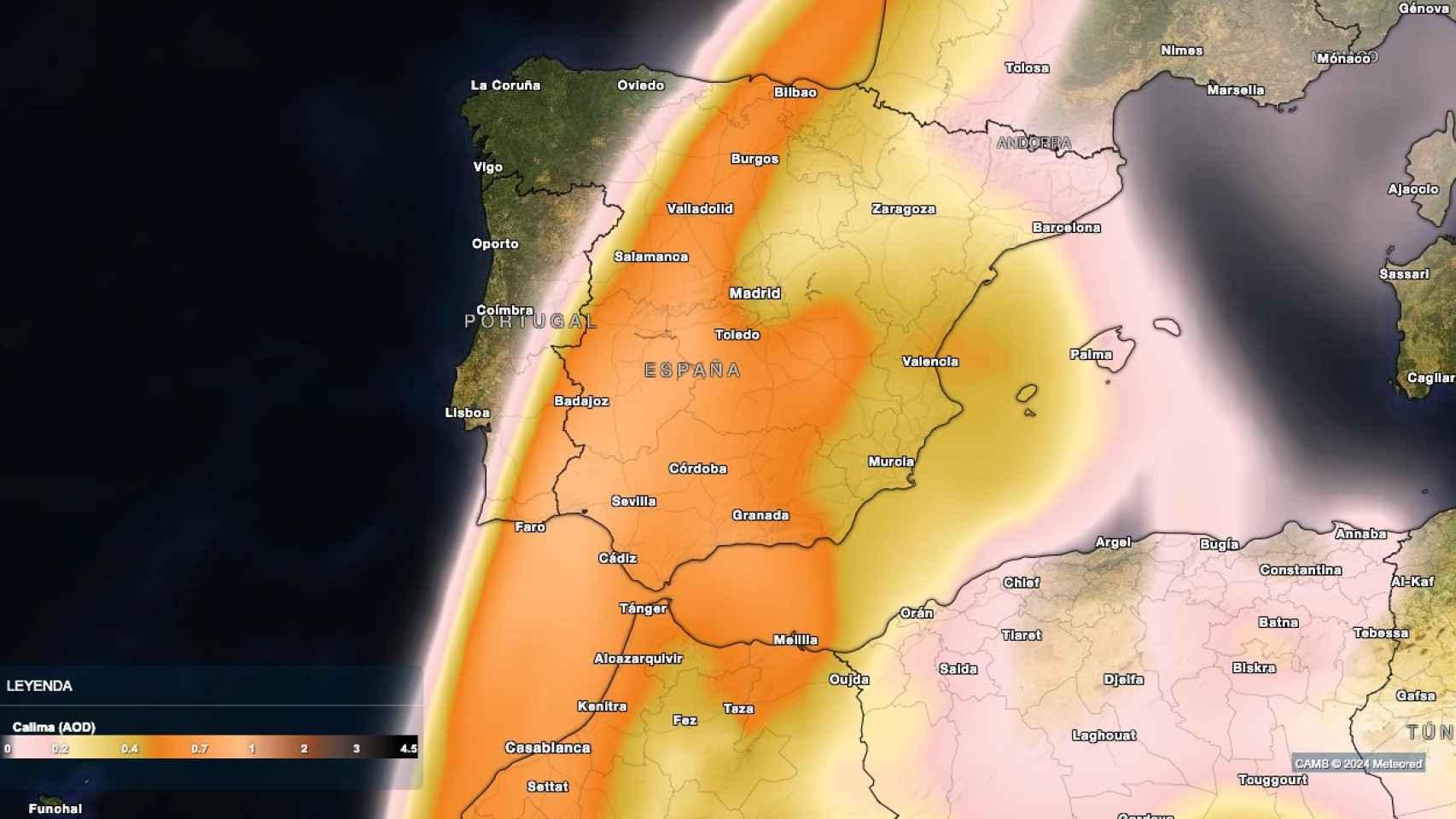 Imagen de la lengua de polvo sahariano a su llegada a la Península Ibérica.